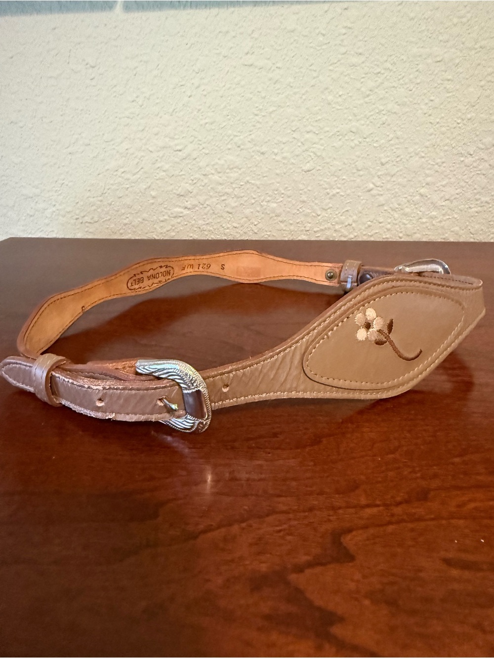 Vintage 90s Nocona Tan Double Buckle Scalloped Belt - Floral Embroidery - Size S